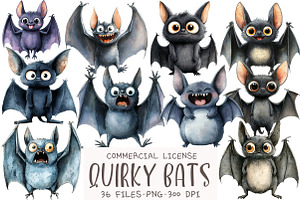 Quirky Bats Watercolor Clipart, an Illustration by OK Design