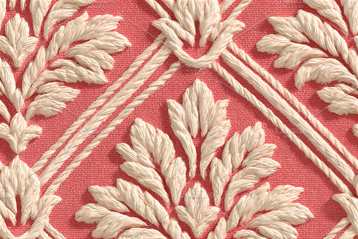 Seamless pattern embroidered damask pattern on pink fabric creat, a Pattern Graphic by Studio ANNA