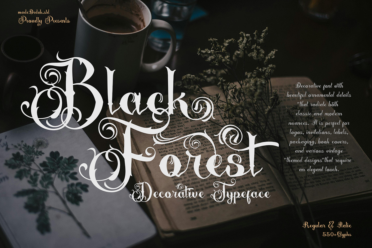 Black Forrest - Decorative Font, a Font by madeDeduk (Photo 1 of 8)