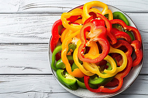 Ripe colorful pepper slices in plate on wooden table, a Food & Drink Photo by AlyaAnd