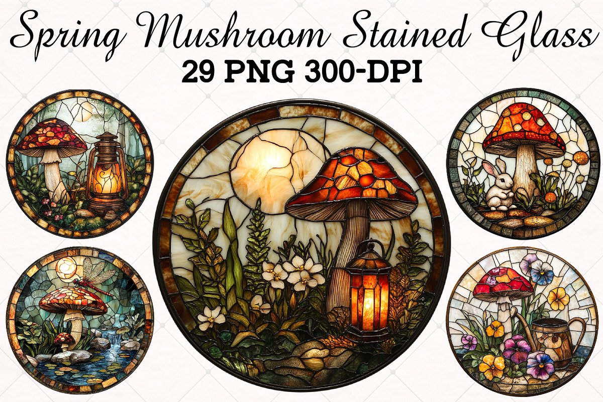 Spring Mushroom Stained Glass Bundle, an Illustration by RobertsArt (Photo 1 of 5)