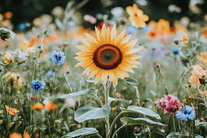 Vibrant sunflower stands tall in a c, a Photo by Iftikhar Alam
