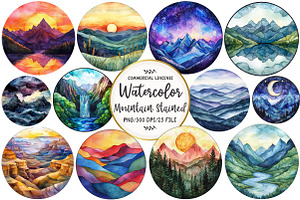Stained Glass Mountain Scene Clipart, an Illustration by OK Design