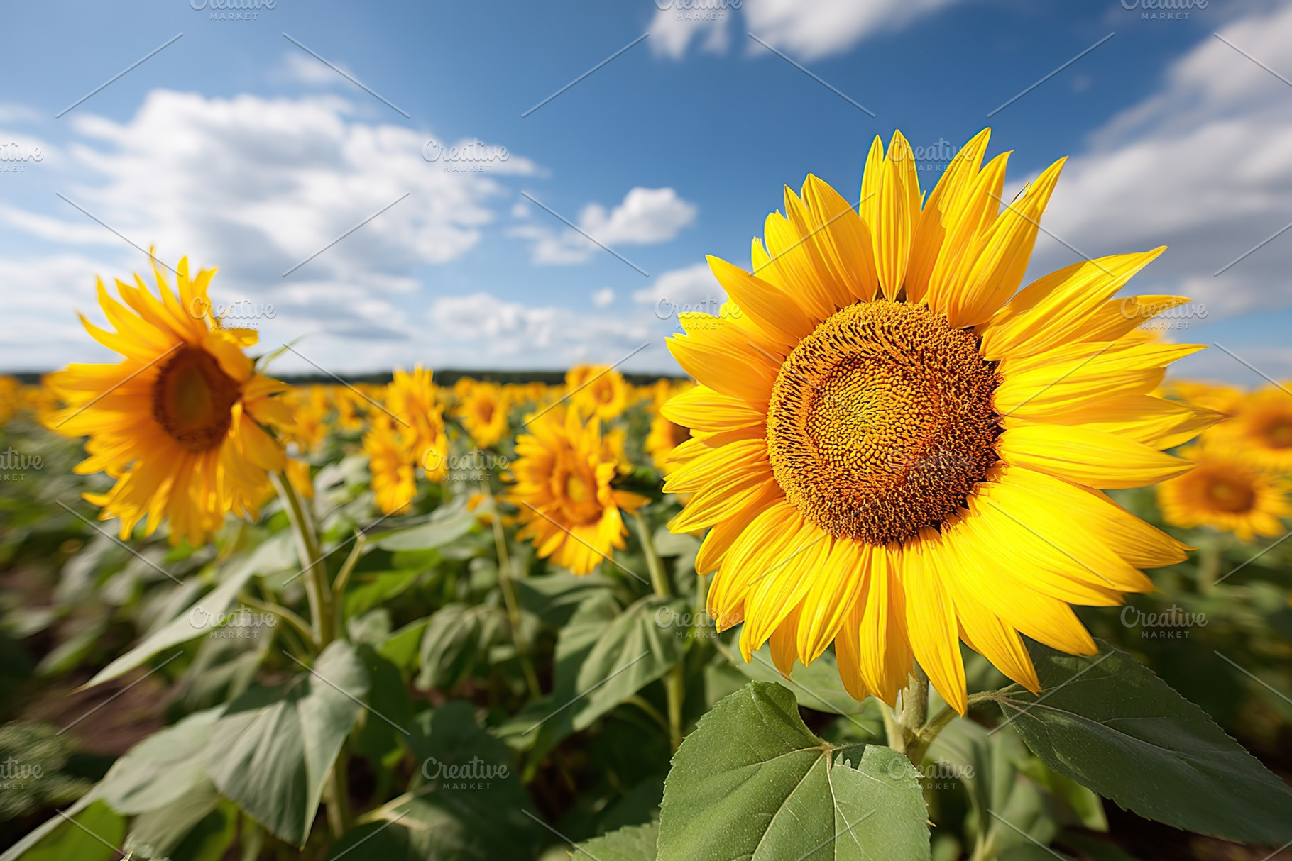 Sunflowers turning towards the sun in a vibrant field on a clear day, a Nature Photo by AlyaAnd