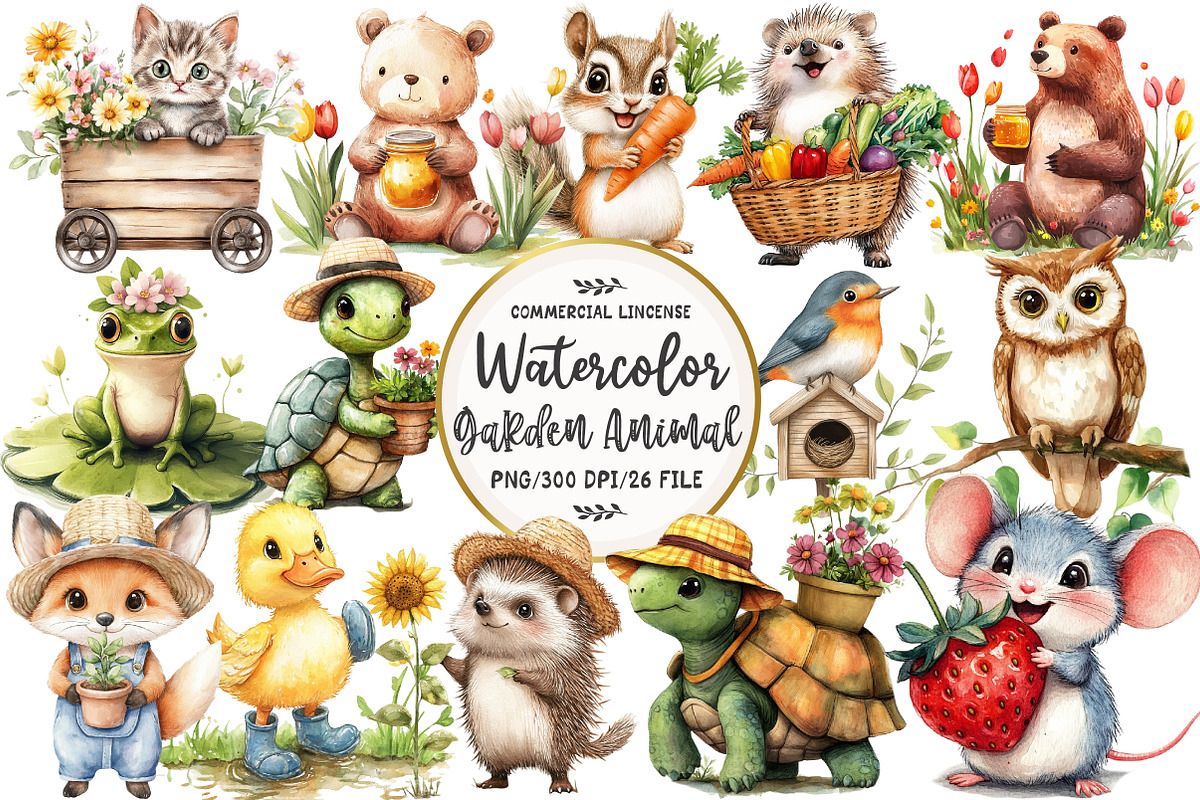 Watercolor Garden Animal Clipart, an Illustration by OK Design (Photo 1 of 5)