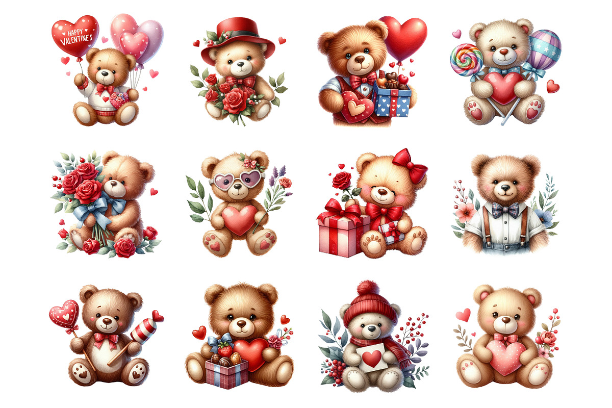 Watercolor Teddy Bear Valentine PNG, an Illustration by SinaCreation (Photo 2 of 7)