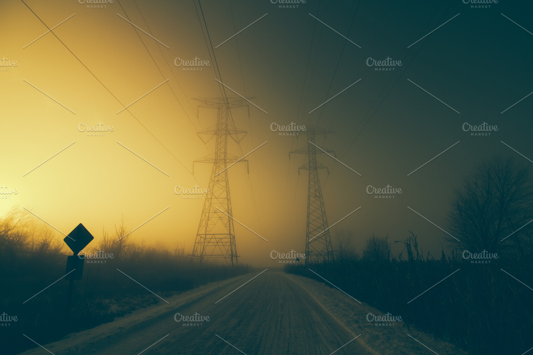 Foggy and snowy power lines containing illinois, field, and power lines