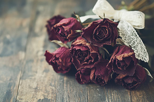 Dried roses with lace ribbon on wood, a Photo by Beautiful things