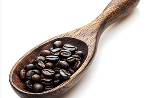 Dark roasted coffee beans in a woode, a Food & Drink Photo by Pixeness Studio