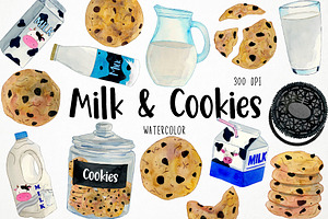 Watercolor Milk and Cookies Clipart