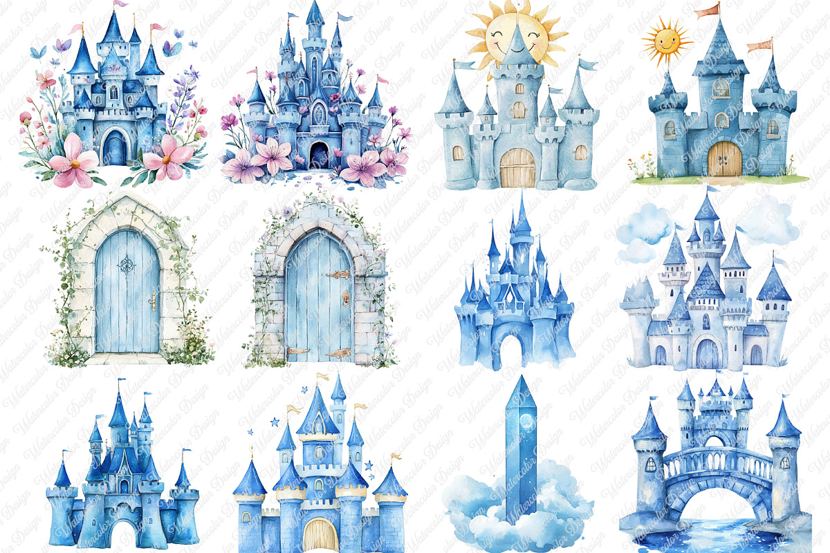 Blue Fairytale Castle Clipart, an Illustration by Watercolor design (Photo 2 of 11)