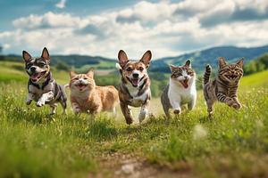 Dogs and cats play in valley, a Photo by Pavel_design