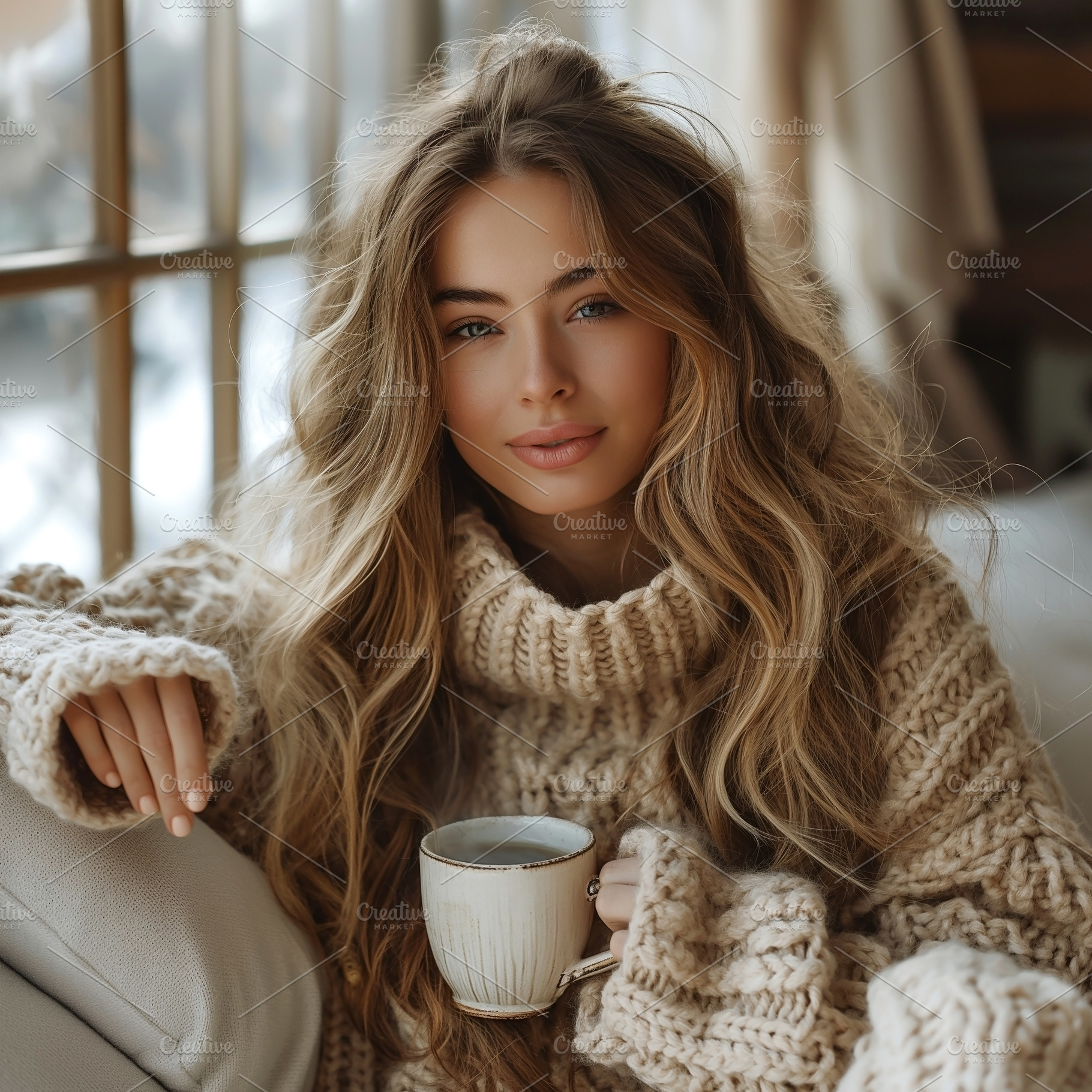 A young Caucasian woman with long, wavy hair enjoys a warm cup of tea while coz, a Person Photo by ImageMir