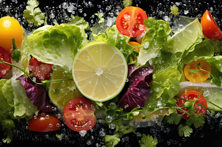 Fresh vegetable salad with citrus, cherry tomatoes, and lettuce, a Photo by Dvoevnore photos