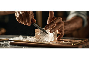 Bartender Crafting Clear Ice Block, a Food & Drink Photo by piter.goskov