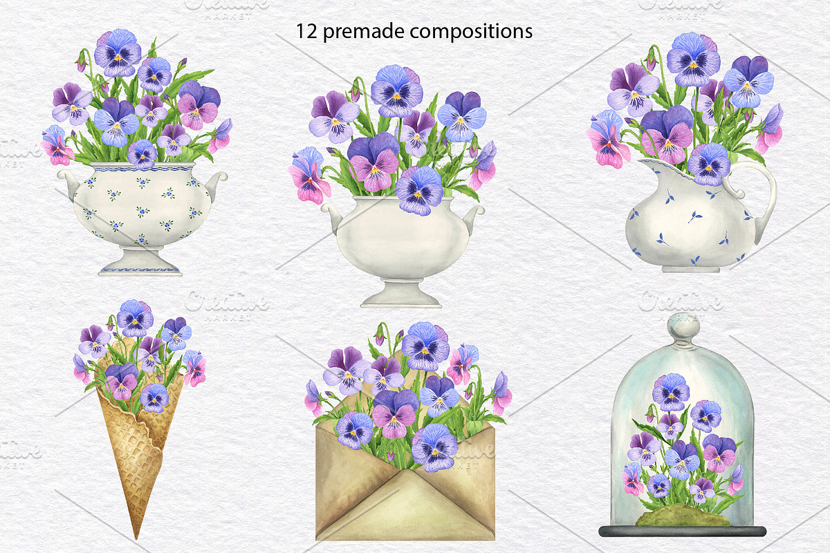 Pansy Watercolor Hand drawn set, a Decorative Illustration by KathrineWatercolor (Photo 3 of 9)