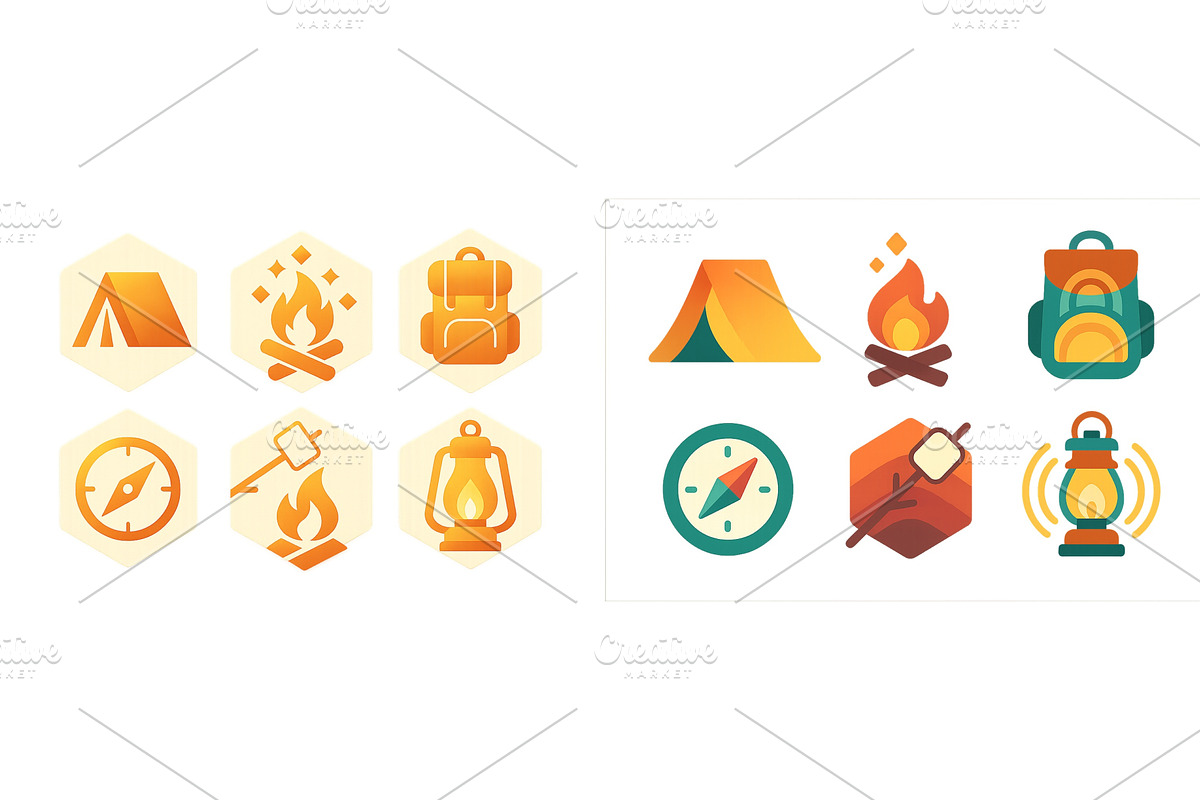 Icon set showcasing camping symbols, a Sport Illustration by ZinetroN