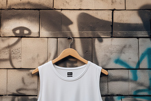 A plain white sleeveless shirt tank top mockup hanging on a wooden hanger again