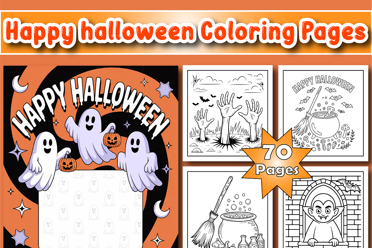 Happy Halloween Kids Coloring Pages, a Seasonal Illustration by Printable Design Store (Photo 1 of 4)