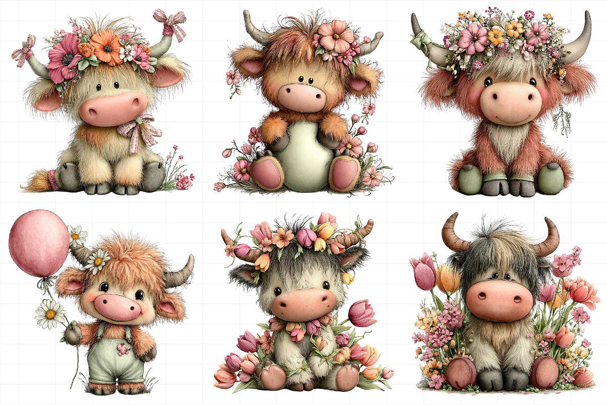 Whimsical Spring Highland Cow Clipar, an Illustration by Daily.Designs (Photo 3 of 8)