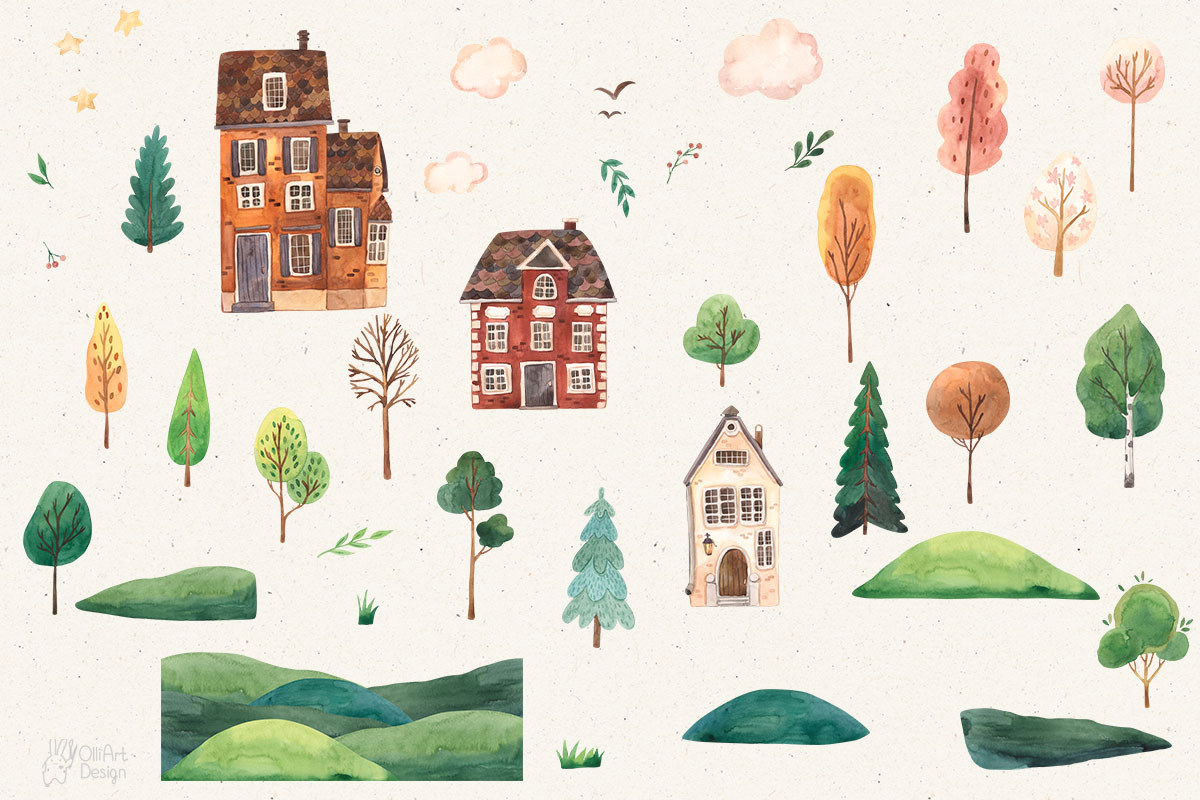 HOUSES AND TREES. Watercolor clipart, an Object Illustration by OlliArtDesign (Photo 2 of 5)