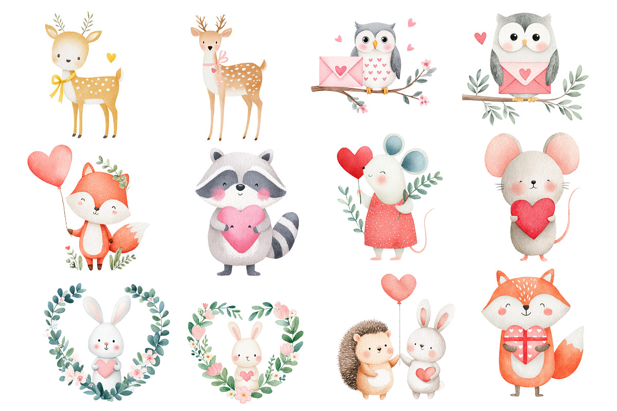 Watercolor Animals Valentine's Clipa, an Illustration by Dream Creation (Photo 5 of 7)