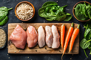 Raw chicken cuts with spinach, a Food & Drink Photo by Photostock