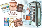 Watercolor Old School Clipart Set, a Seasonal Illustration by ArtCreationsDesign (Thumbnail 1 of 18)