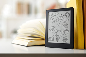 Digital tablet with drawings of school subjects on study desk, a School & Education Photo by Davizro's Market