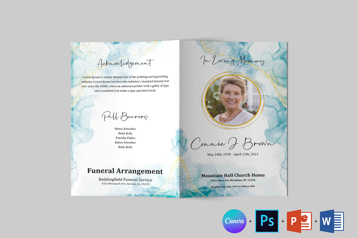Turquoise Funeral Program Template, a Brochure Template by Designscozy (Photo 5 of 8)