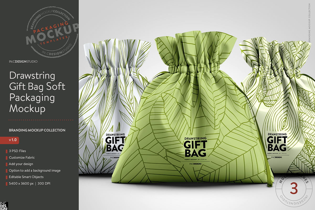 Drawstring Gift Bag Mockup, a Packaging Mockup by INCDesign (Photo 1 of 5)