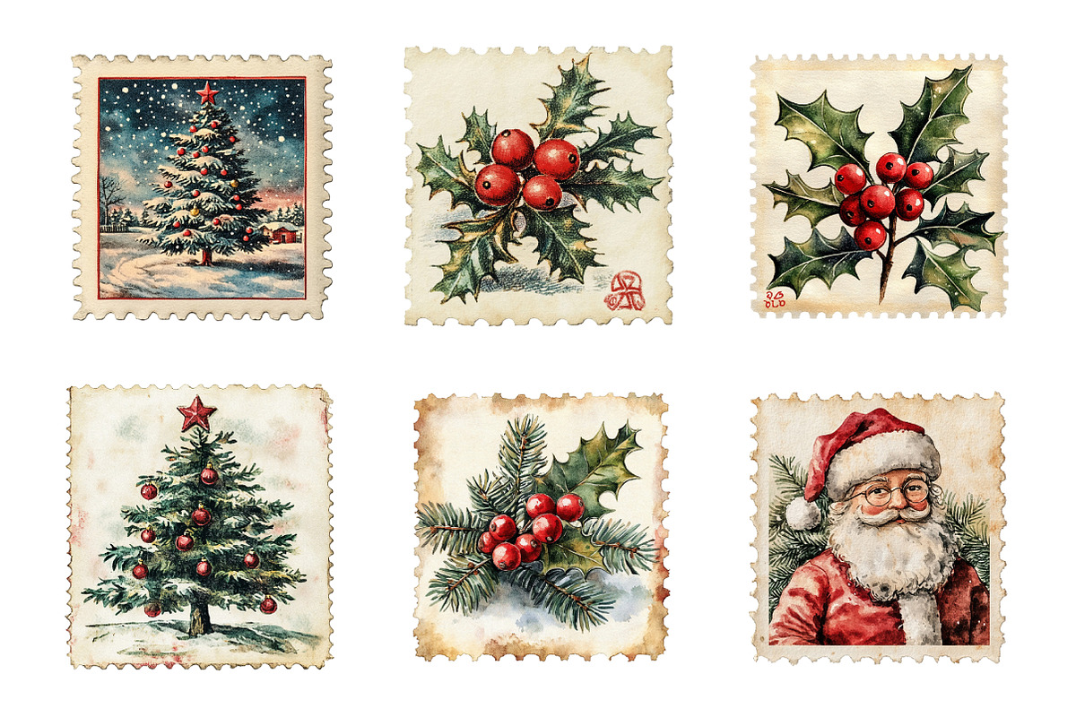 Vintage Christmas Stamps Png Bundle, an Illustration by SinaCreation (Photo 3 of 7)
