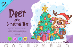 Cartoon Deer and Christmas Tree., an Animal Illustration by KENO Mascots