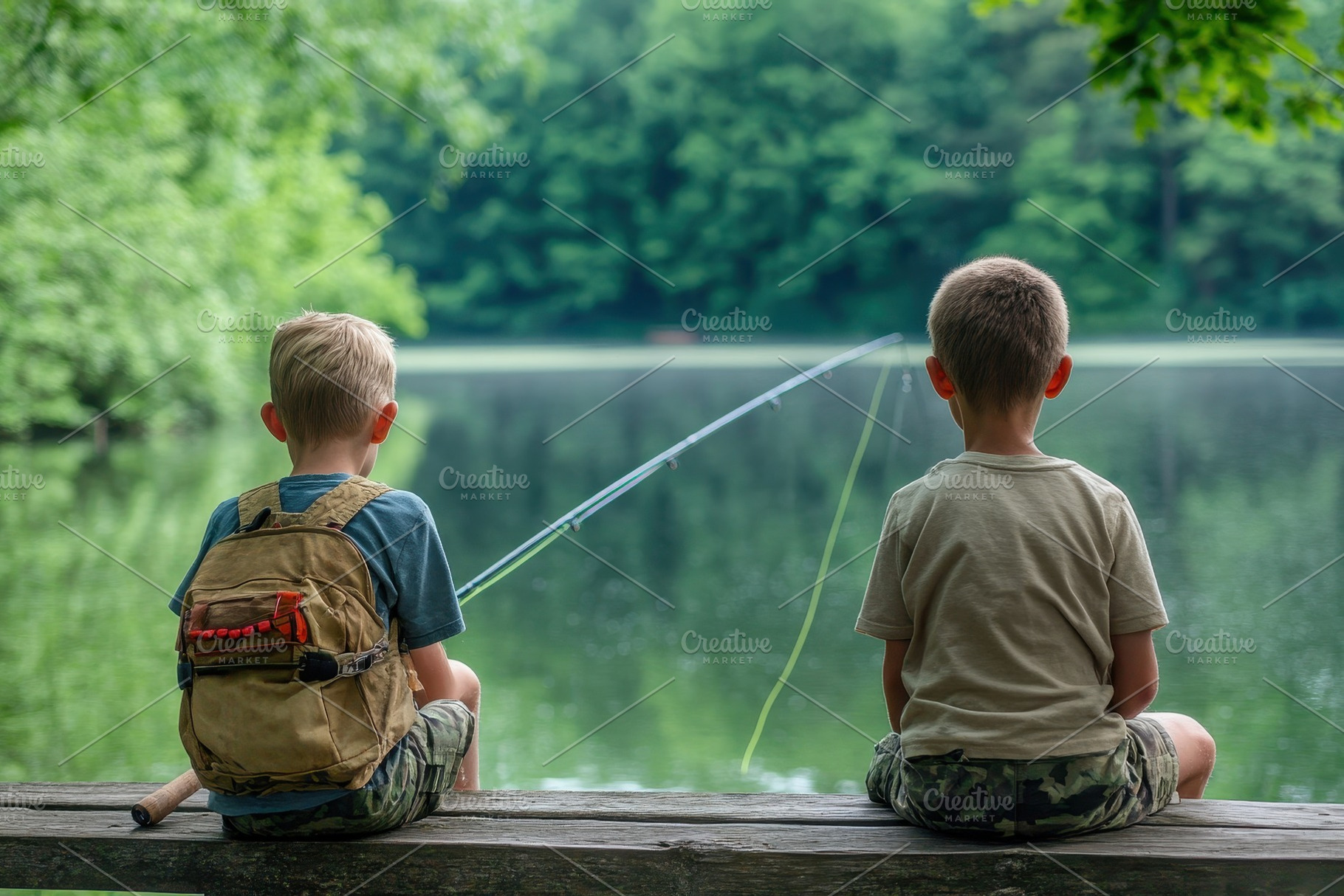 Boys fishing on a peaceful bridge, a Photo by Pavel_design