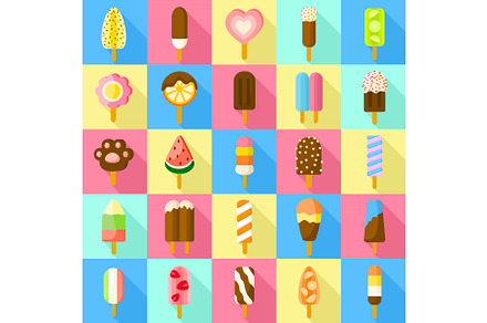 Sweet popsicle icons set, flat style, a Food Illustration by Ylivdesign