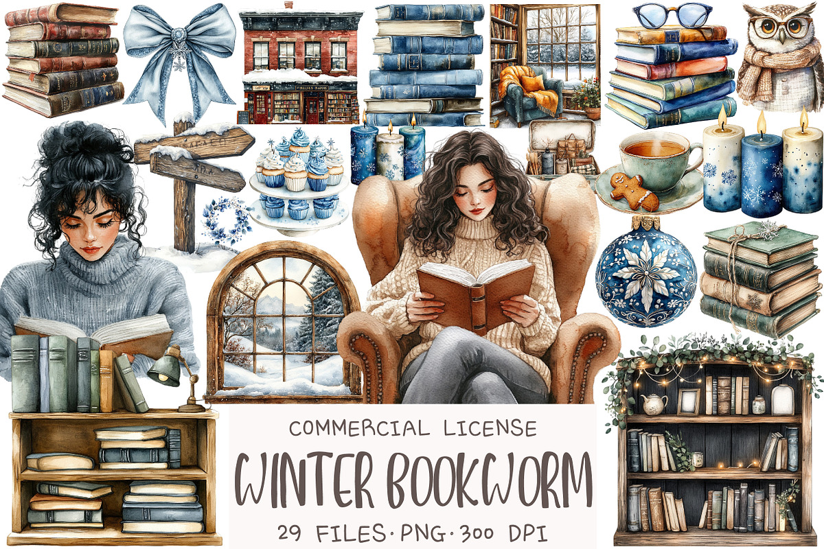 Watercolor Winter Bookworm Clipart, an Illustration by OK Design (Photo 1 of 5)
