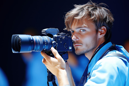 A focused photographer holding a camera, capturing images. He has tousled hair, a Person Illustration by Textures & Backgrounds