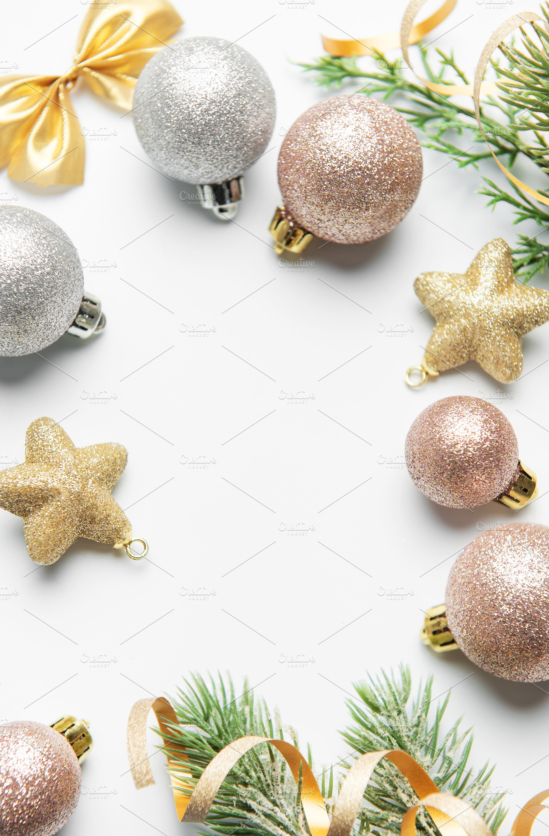 Christmas ornaments and pine branches framing blank space, a Holiday Photo by Olena Rudo