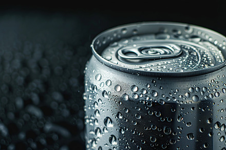 Blank aluminum can with water drops on black background, a Food & Drink Photo by AlyaAnd