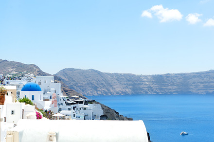 Church with blue roof at oia island containing aegean, background, and bay, an Architecture Photo by Lenka_X