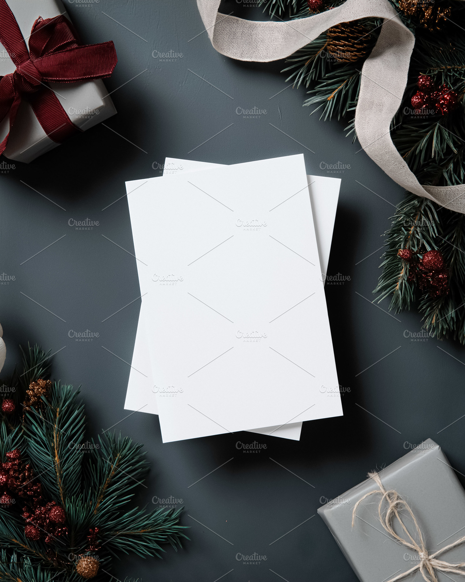 Blank vertical card mockup on dark background with Christmas decorations and wr, a Holiday Photo by Studio ANNA
