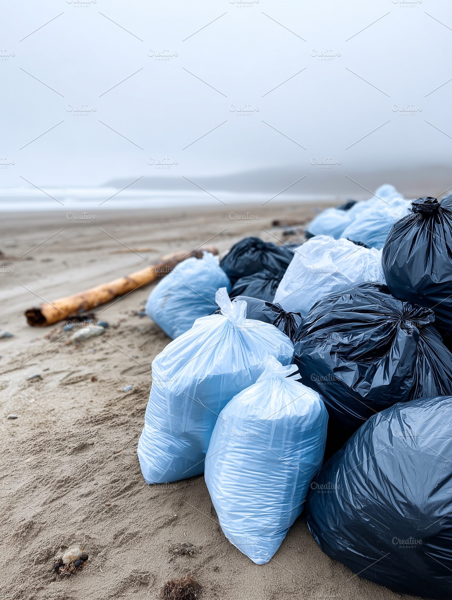 Pile of filled garbage bags on sand, a Nature Photo by MistyDay