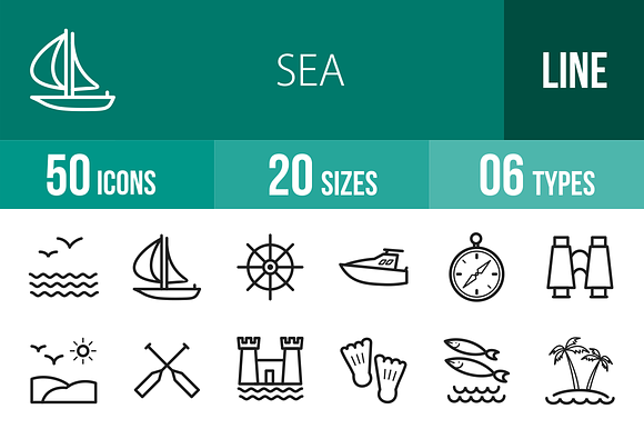 50 Sea Line Icons