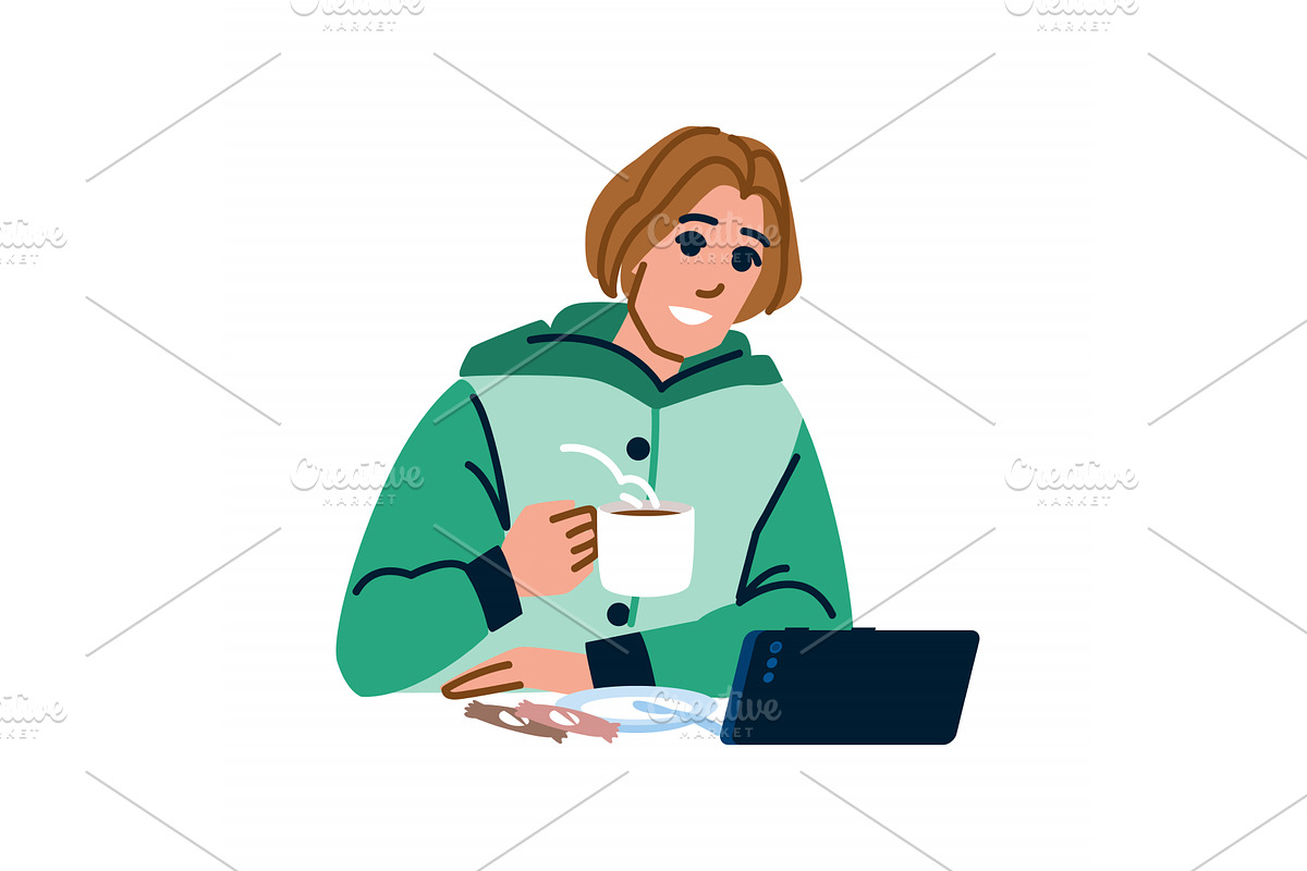 Smiling freelancer enjoying coffee, a Person Illustration by pikepicture