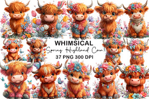 Watercolor Spring Highland Cow Clipa, an Illustration by CraftArtStudio