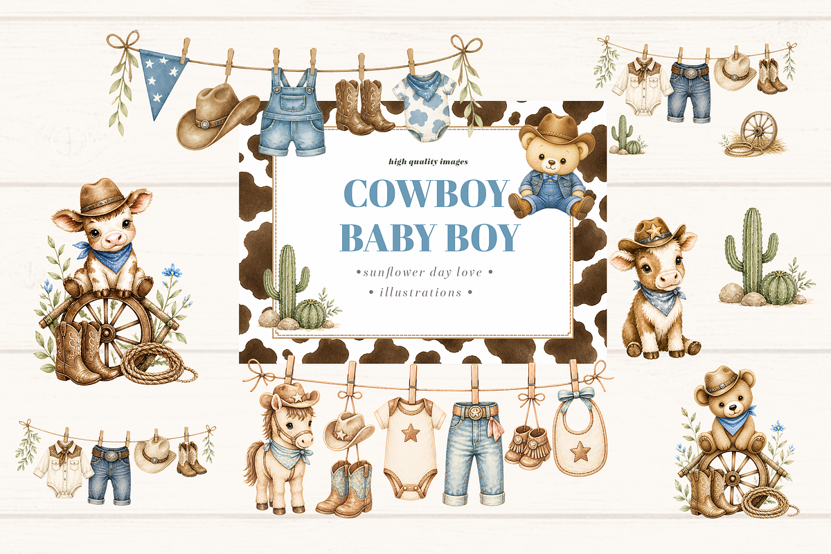 Little Cowboy Clothesline Clipart, an Animal Illustration by Sunflower Day Love (Photo 1 of 4)