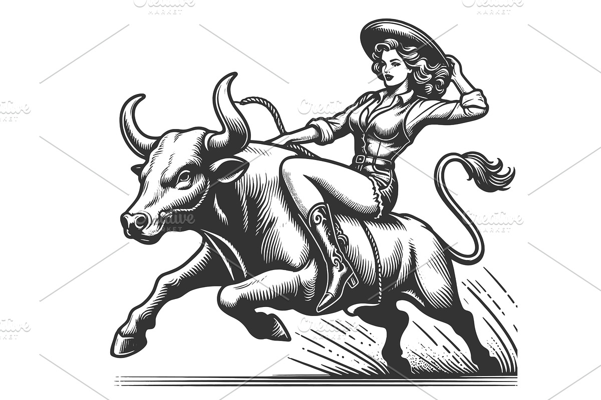 Cowgirl Showcasing Rodeo Bull Riding, a Person Illustration by AlexArt