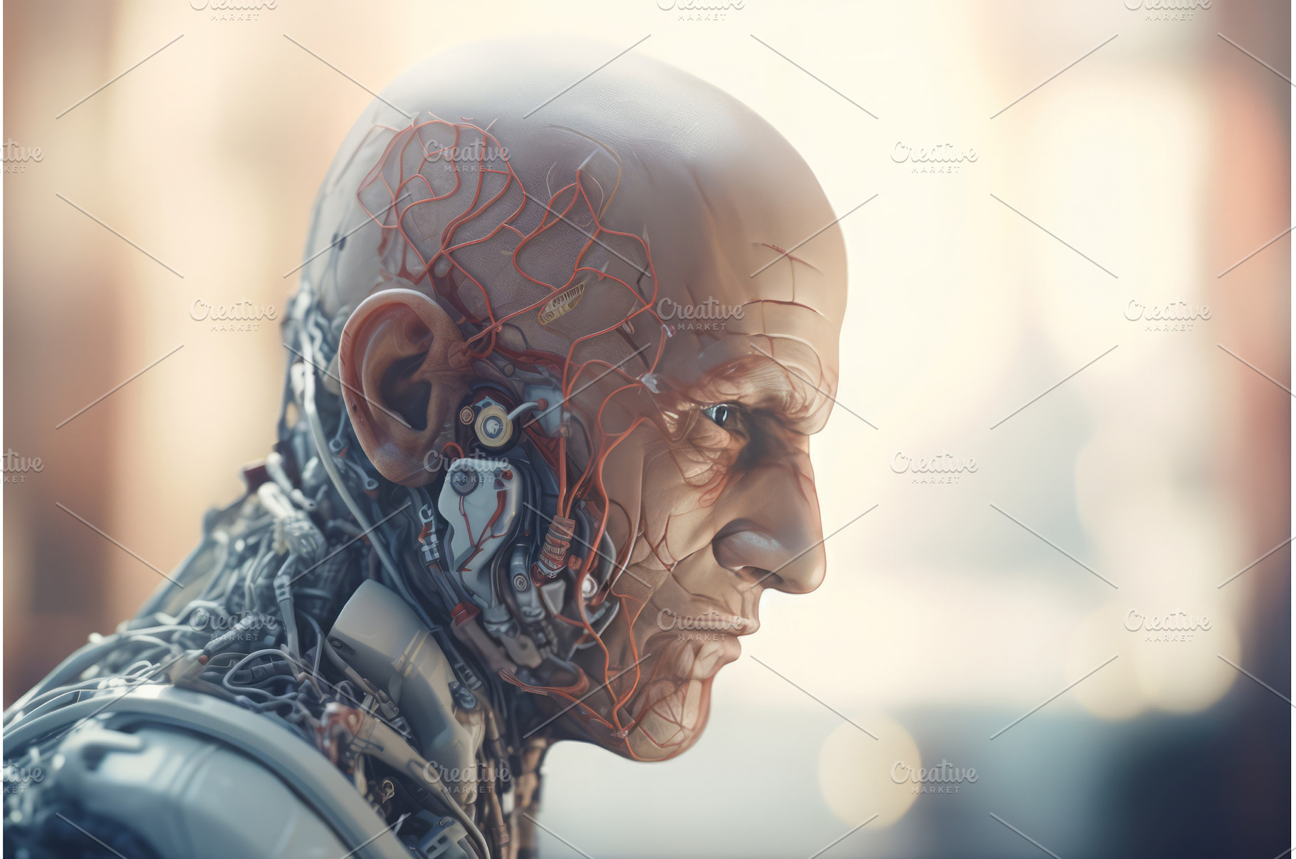 Bald man half cybernetic robot, a Person Photo by Ylivdesign