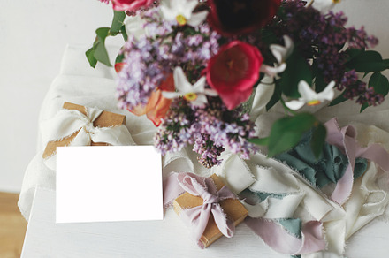 Happy Mothers day. Greeting card mock up and stylish bouquet wit, a Holiday Photo by Sonjachni