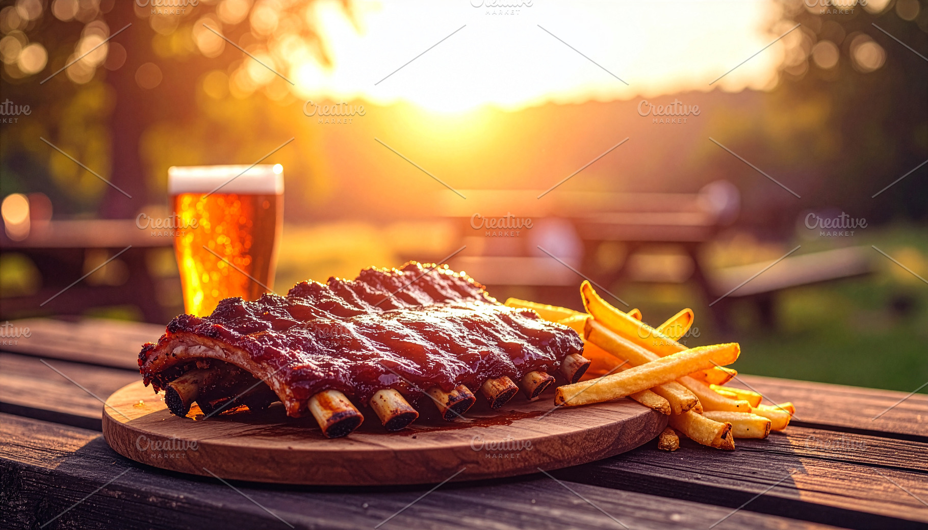 Rustic wooden board piled with tender, smoky spareribs, fries and a cold beer, a Food & Drink Photo by DutchDigitalDesign